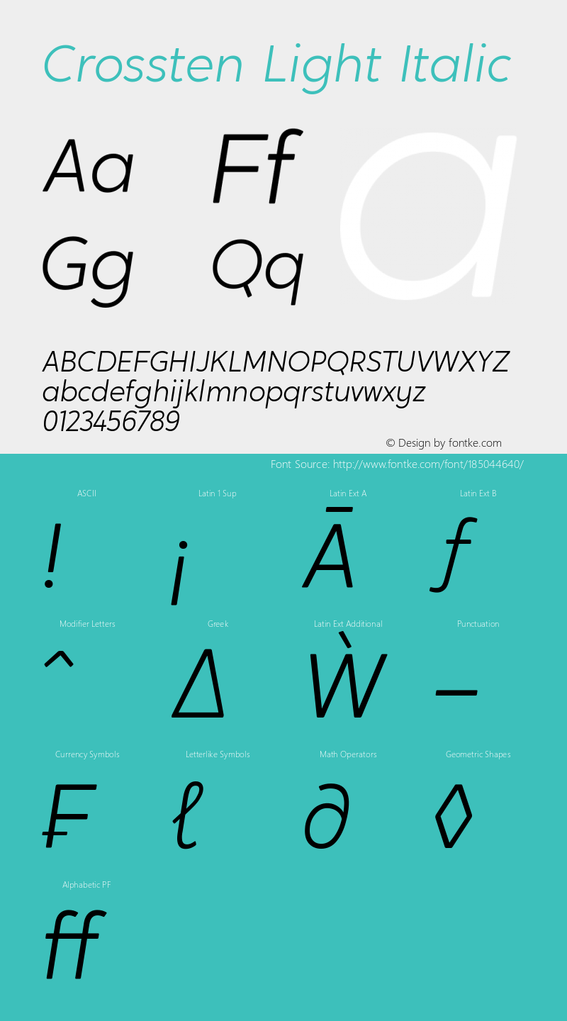 Crossten-LightItalic Version 1.000;hotconv 1.0.109;makeotfexe 2.5.65596图片样张