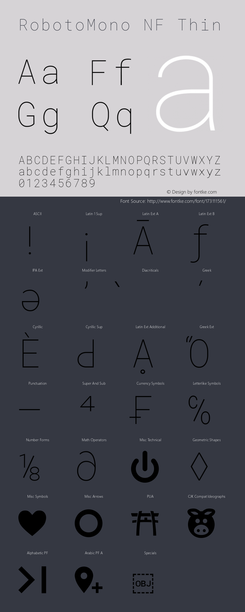 Roboto Mono Thin Nerd Font Complete Mono Windows Compatible Version 2.000986; 2015; ttfautohint (v1.3)图片样张