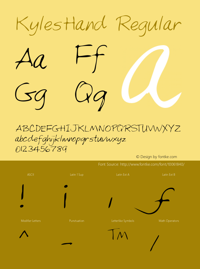 KylesHand Regular Handwriting KeyFonts, Copyright (c)1995 SoftKey Multimedia, Inc., a subsidiary of SoftKey International, Inc.图片样张