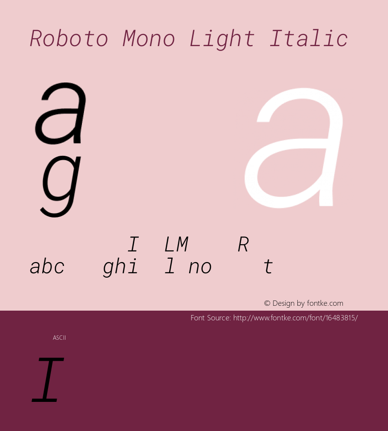 Roboto Mono Light Italic Version 2.000985; 2015; ttfautohint (v1.3)图片样张