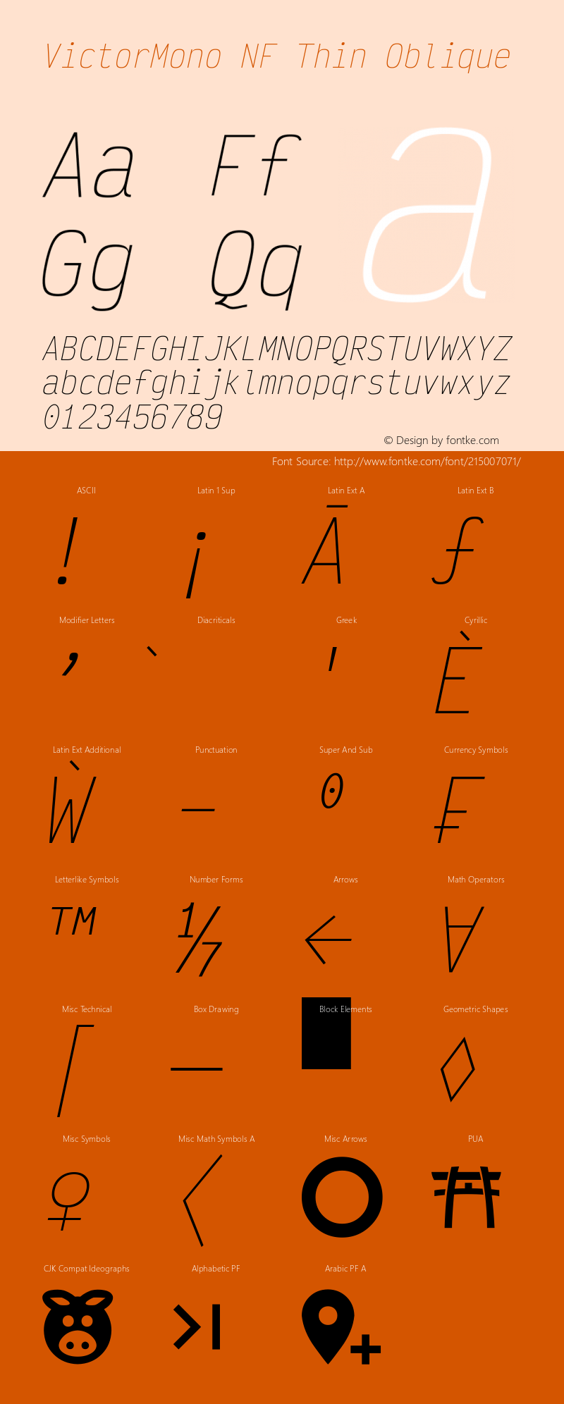 Victor Mono Thin Oblique Nerd Font Complete Windows Compatible Version 1.410;Nerd Fonts 2.1.0图片样张