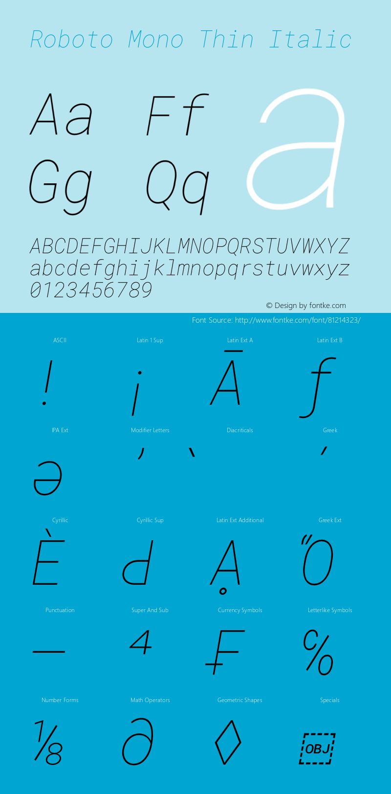 Roboto Mono Thin Italic Version 2.000985; 2015; ttfautohint (v1.3)图片样张