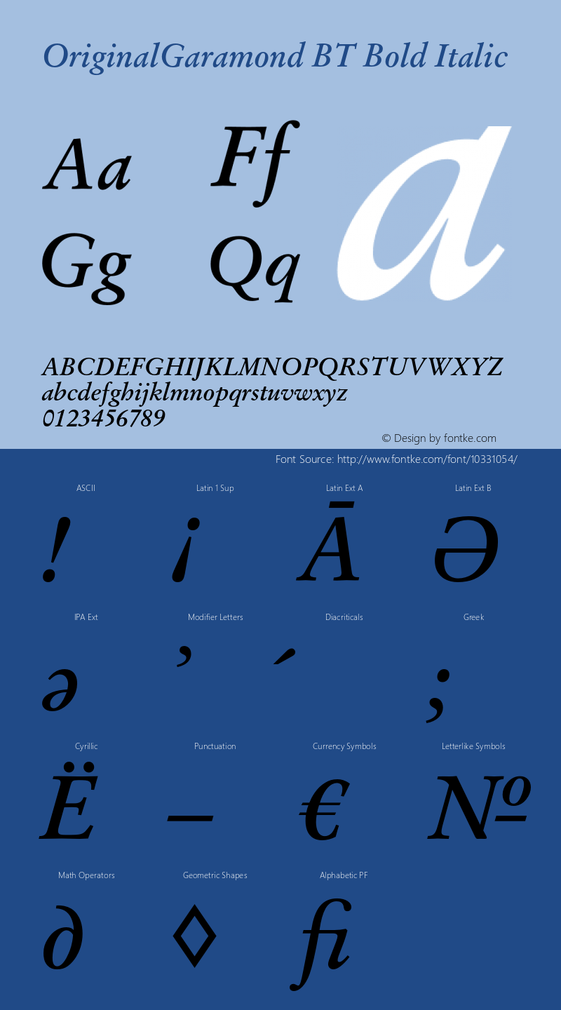 OriginalGaramond BT Bold Italic Version 1.000 2006 initial release图片样张