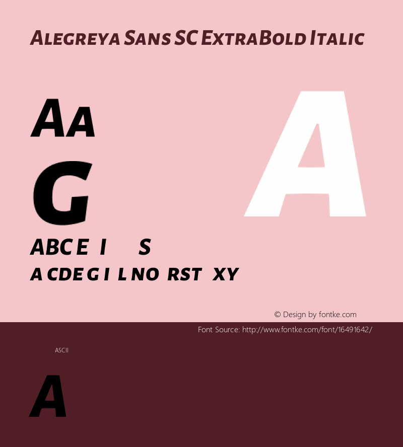 Alegreya Sans SC ExtraBold Italic Version 1.000;PS 001.000;hotconv 1.0.70;makeotf.lib2.5.58329 DEVELOPMENT; ttfautohint (v0.97) -l 8 -r 50 -G 200 -x 17 -f dflt -w G -W图片样张