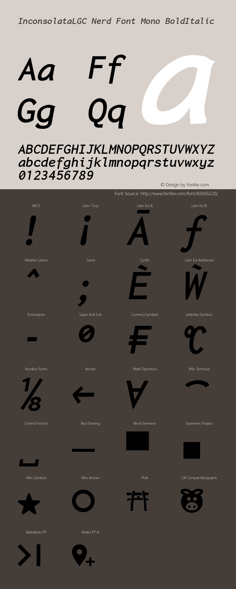 Inconsolata LGC Bold Italic Nerd Font Complete Mono Version 1.3;Nerd Fonts 2.1.0图片样张