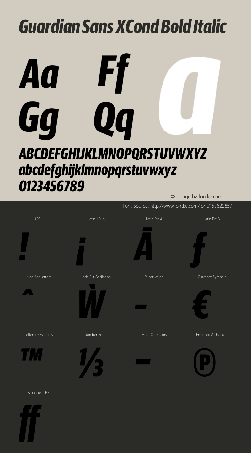 Guardian Sans XCond Bold Italic Version 1.001;PS 001.001;hotconv 1.0.57;makeotf.lib2.0.21895图片样张