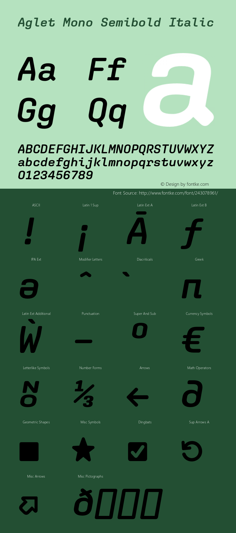 Aglet Mono Semibold Italic Version 1.001;hotconv 1.0.116;makeotfexe 2.5.65601图片样张