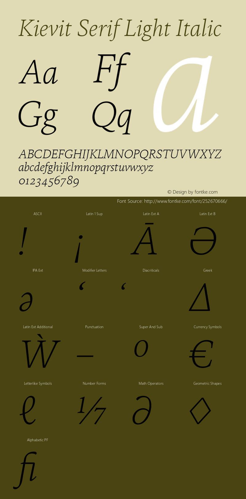 Kievit Serif Light Italic Version 1.000, build 1030, FoPs, FL 5.04图片样张