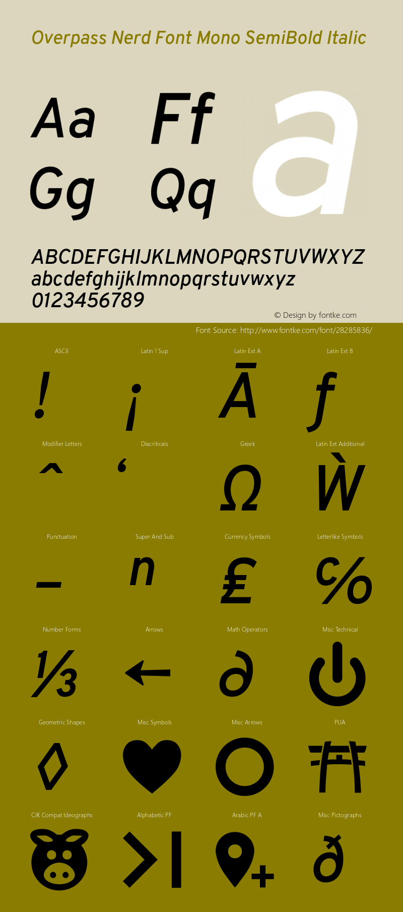 Overpass SemiBold Italic Nerd Font Complete Mono Version 3.000;DELV;Overpass图片样张