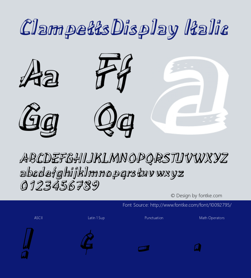 ClampettsDisplay Italic The IMSI MasterFonts Collection, tm 1995, 1996 IMSI (International Microcomputer Software Inc.)图片样张