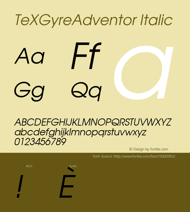 TeXGyreAdventor Italic Version 1.104;PS 1.104;hotconv 1.0.49;makeotf.lib2.0.14853; ttfautohint (v1.4.1)图片样张