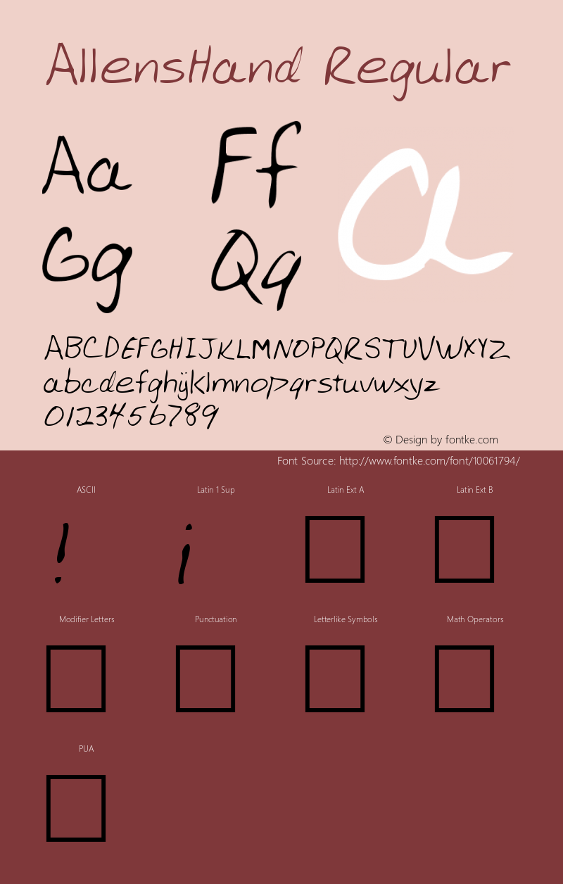 AllensHand Regular Handwriting KeyFonts, Copyright (c)1995 SoftKey Multimedia, Inc., a subsidiary of SoftKey International, Inc.图片样张