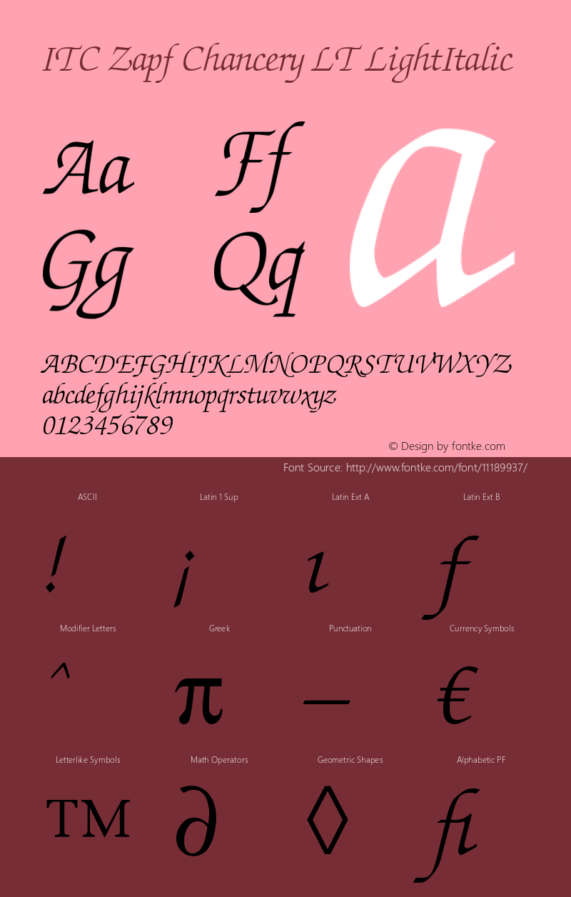 ITC Zapf Chancery LT LightItalic Version 006.000图片样张