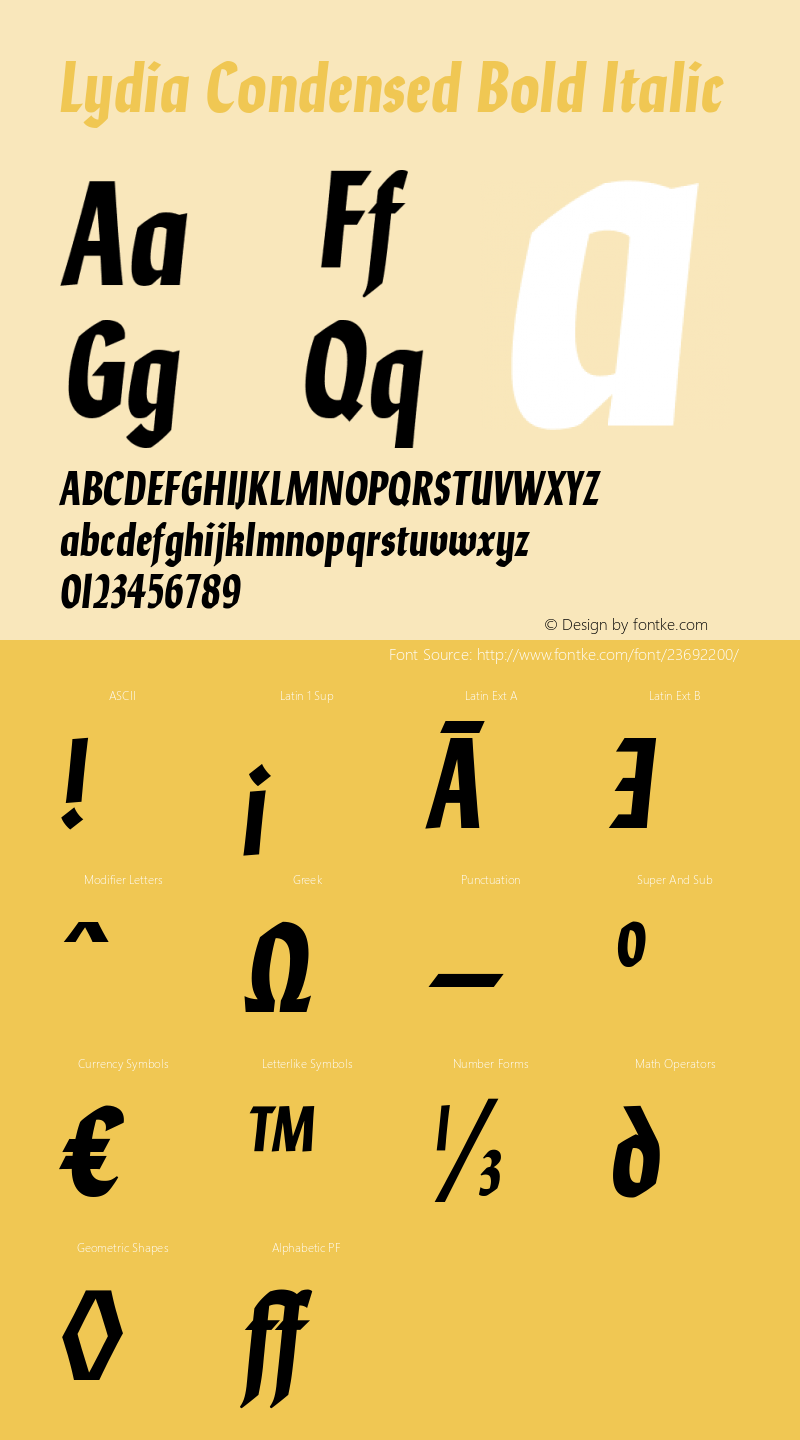 Lydia Condensed Bold Italic Version 1.000; ttfautohint (v1.5)图片样张