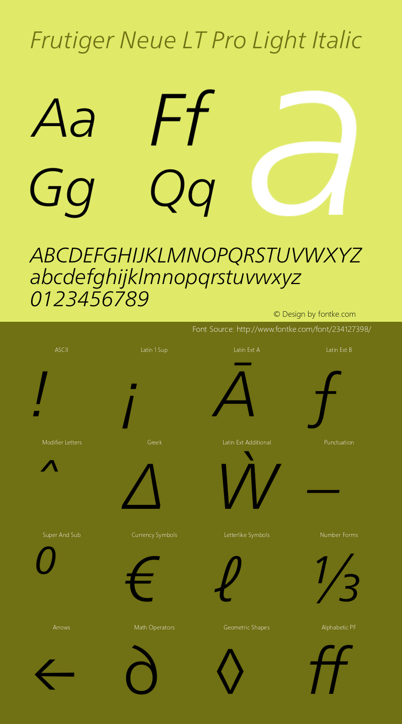 Frutiger Neue LT Pro Light Italic Version 1.00图片样张