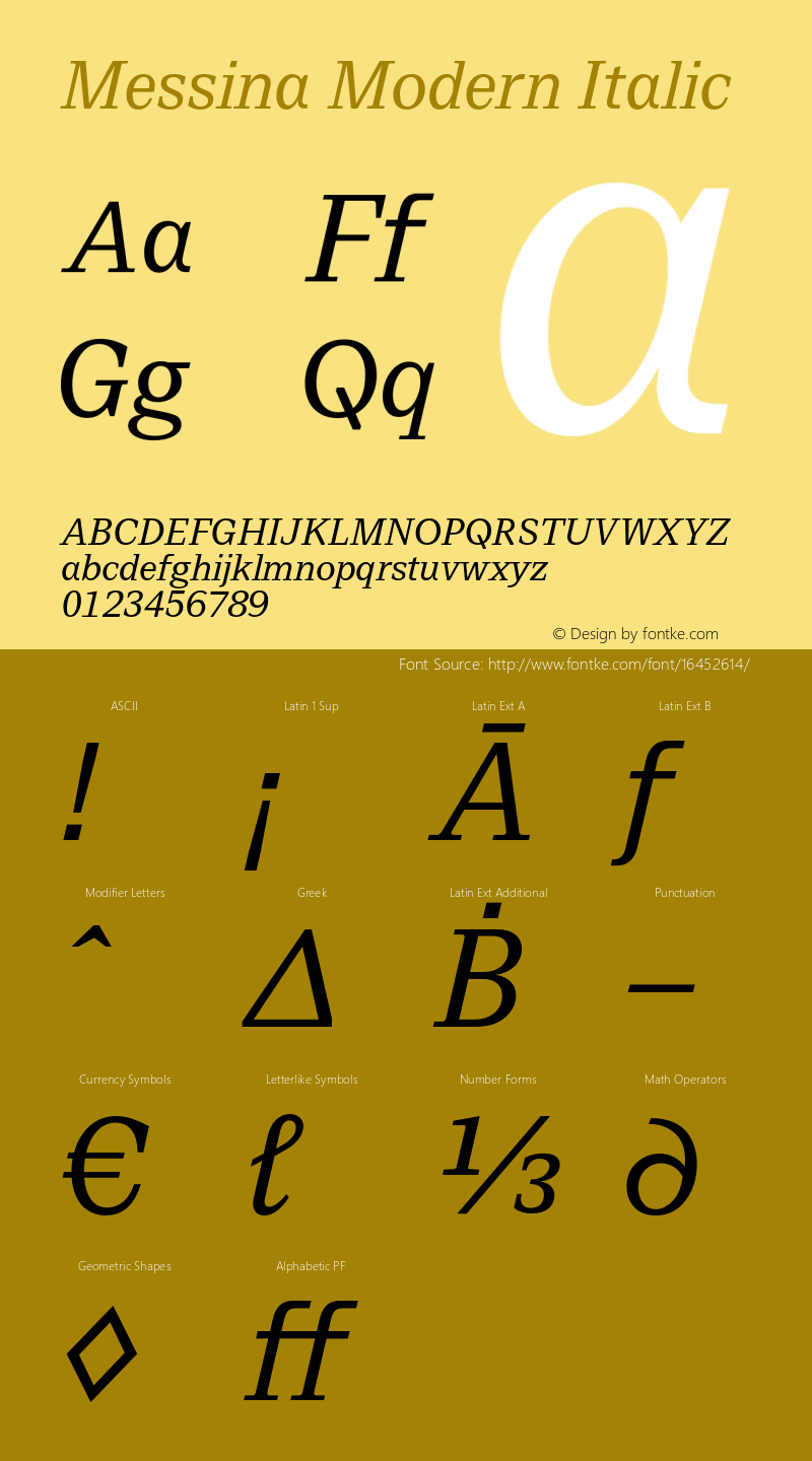 Messina Modern Italic Version 1.000;PS 002.000;hotconv 1.0.70;makeotf.lib2.5.58329; ttfautohint (v1.3)图片样张