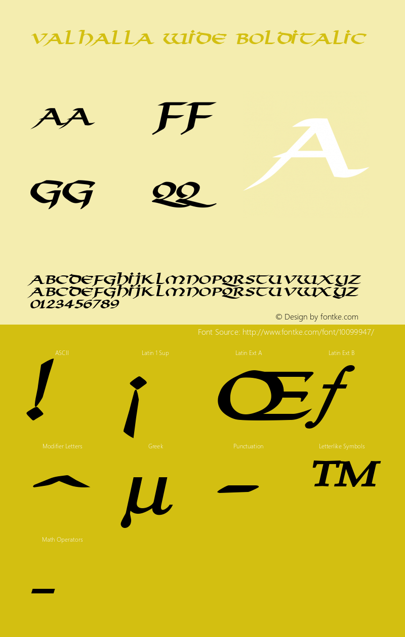 Valhalla Wide BoldItalic Altsys Fontographer 4.1 1/10/95图片样张
