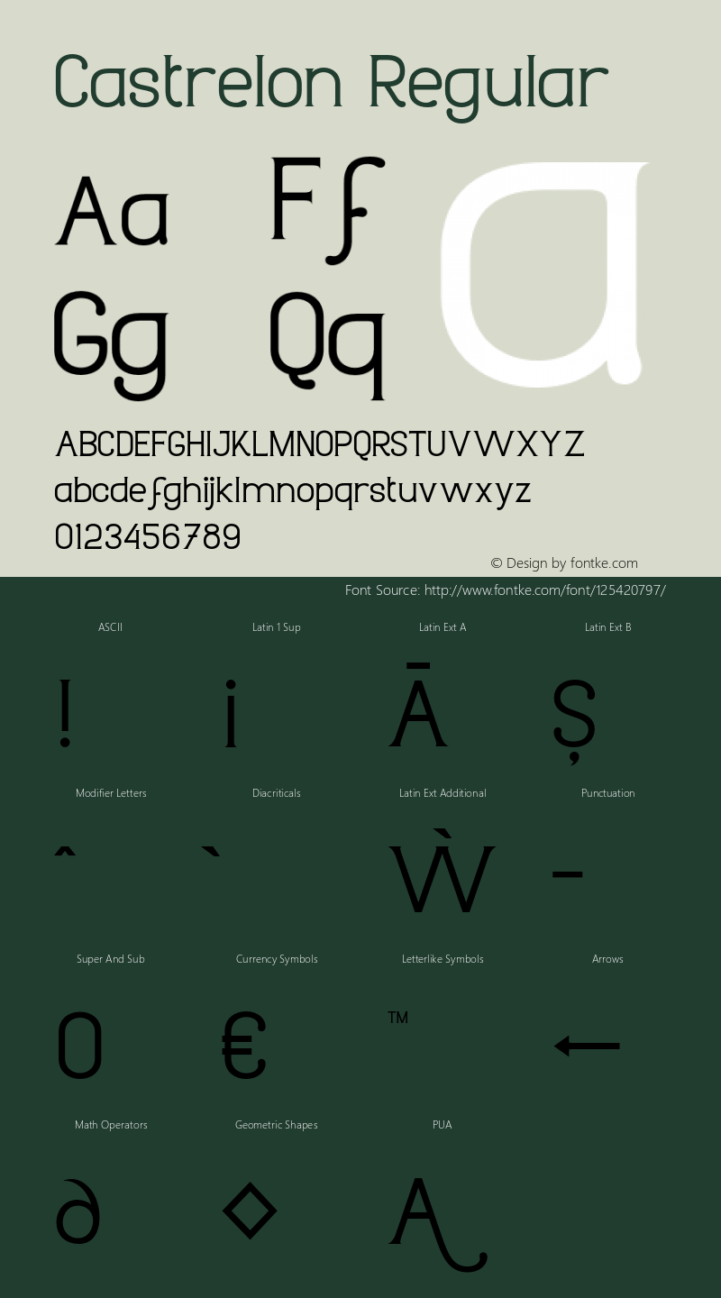 Castrelon Regular Version 1.000;hotconv 1.0.109;makeotfexe 2.5.65596图片样张