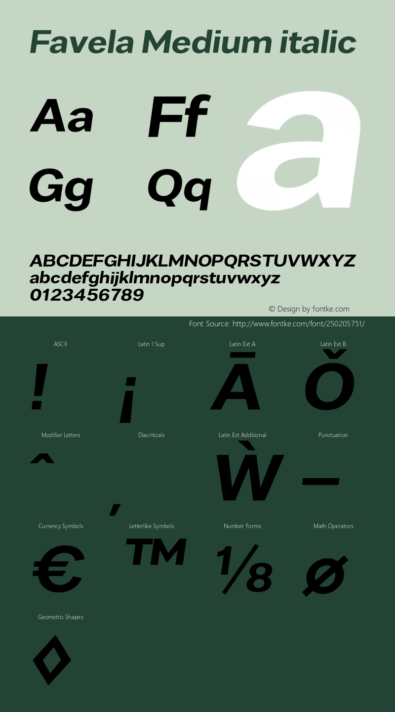 Favela Medium Italic Version 1.000;PS 001.000;hotconv 1.0.88;makeotf.lib2.5.64775图片样张