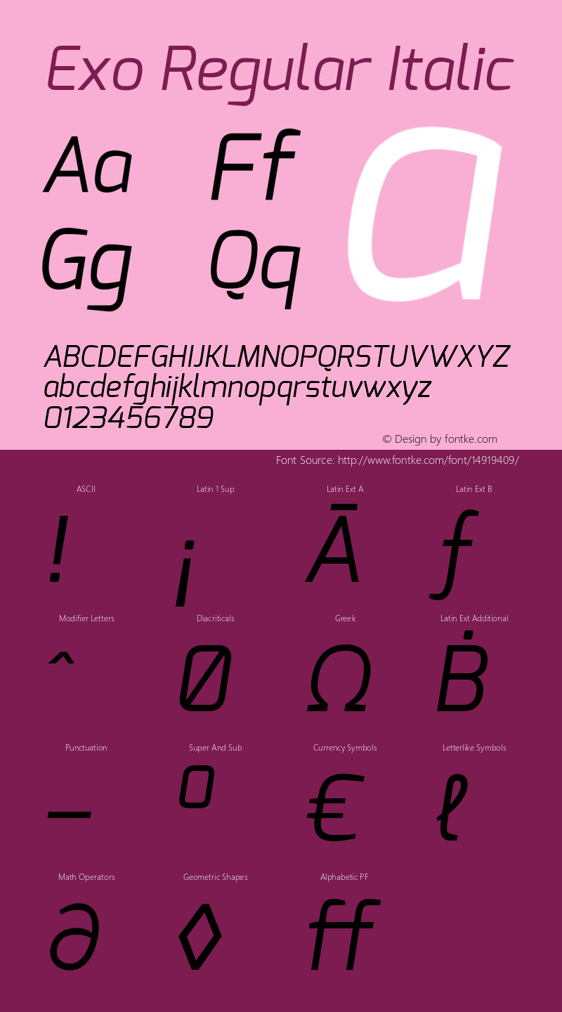 Exo Regular Italic Version 1.00 ; ttfautohint (v0.94) -l 8 -r 50 -G 200 -x 14 -w 