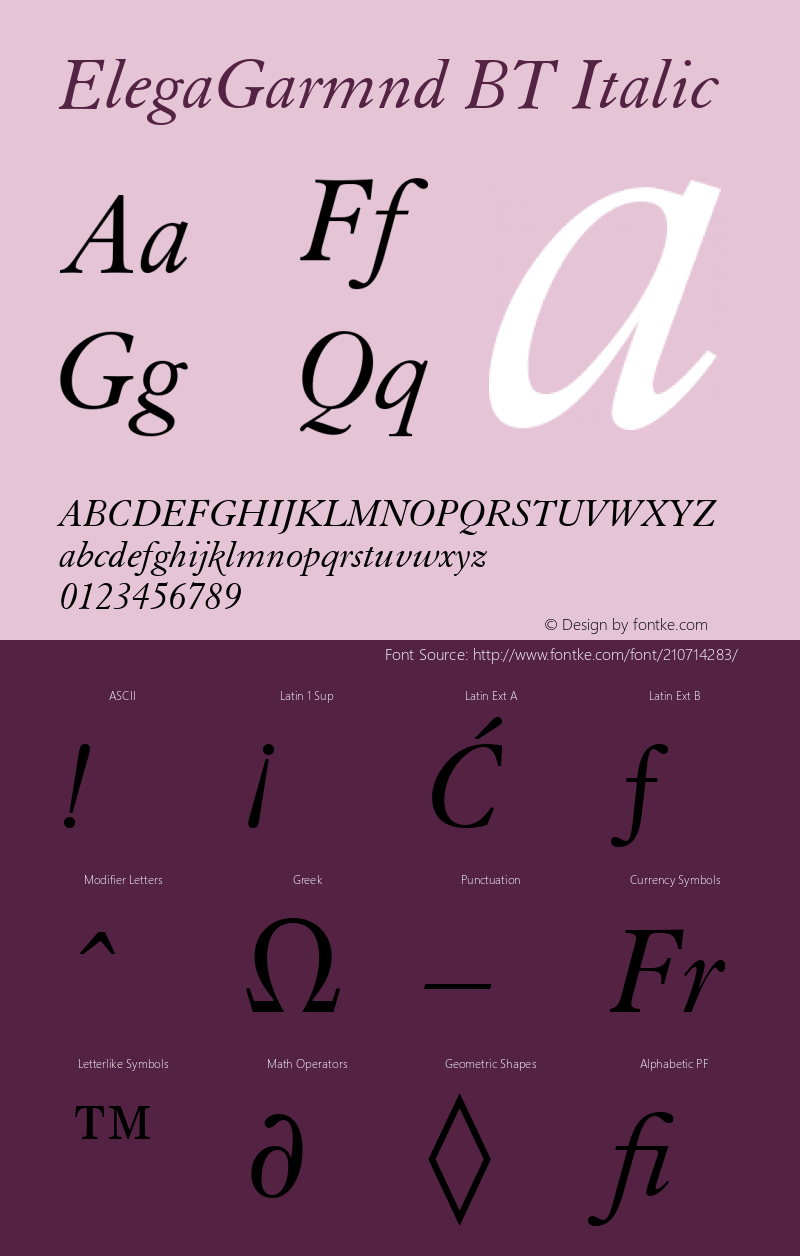 ElegaGarmnd BT Italic Version 1.01 emb4-OT图片样张