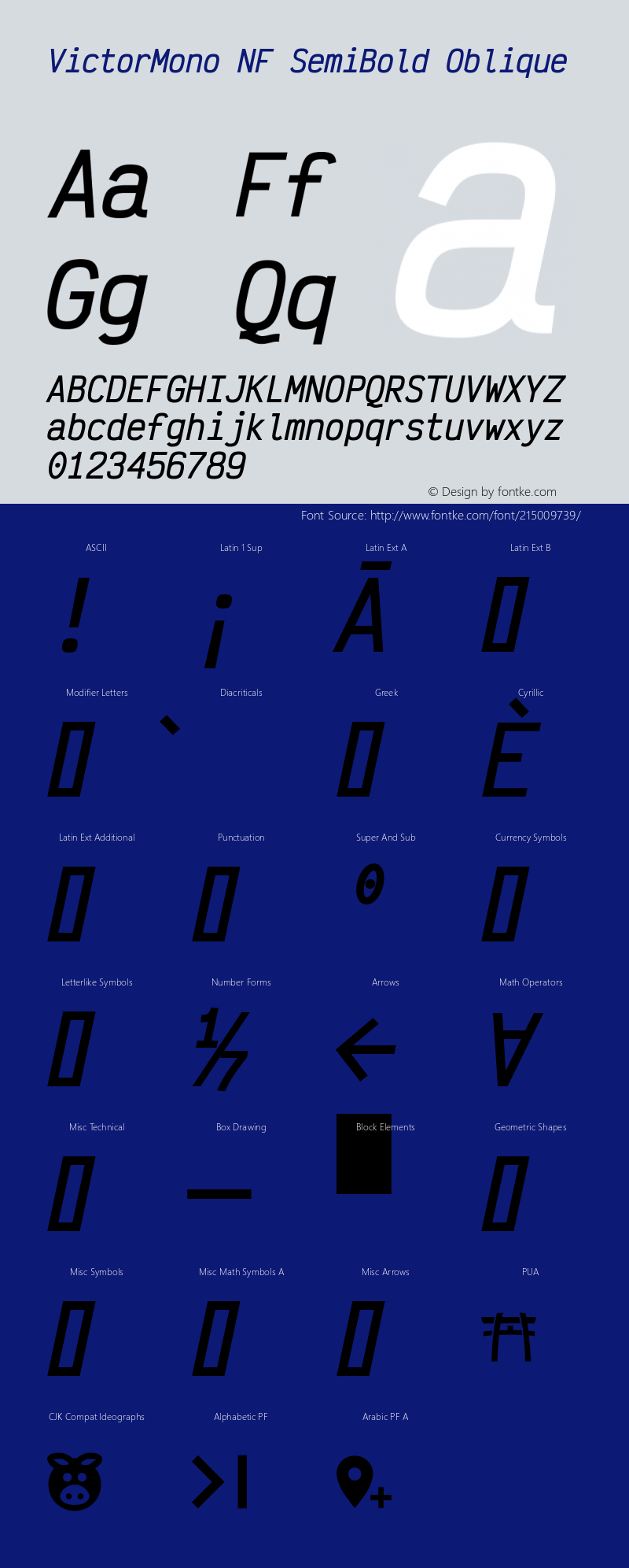 Victor Mono SemiBold Oblique Nerd Font Complete Mono Windows Compatible Version 1.410;Nerd Fonts 2.1.0图片样张