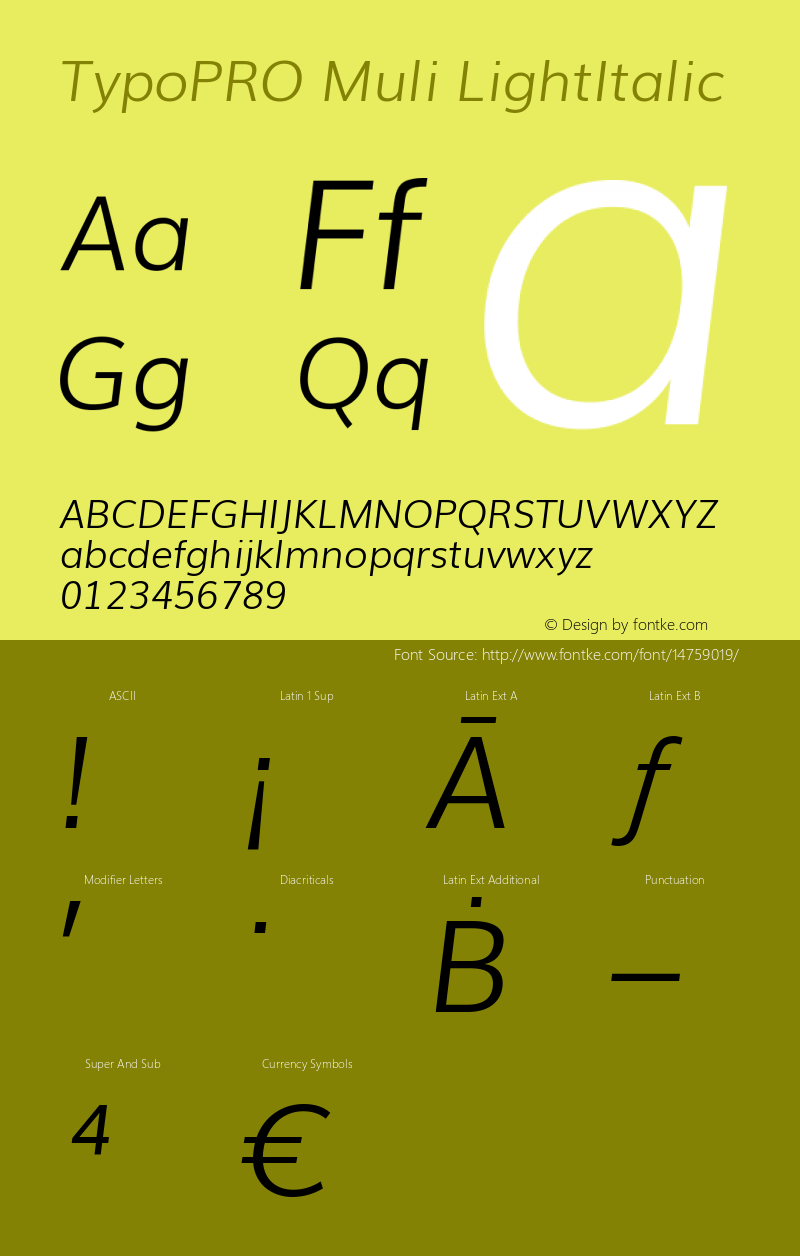TypoPRO Muli LightItalic Version 2.0; ttfautohint (v1.00rc1.2-2d82) -l 8 -r 50 -G 200 -x 0 -D latn -f none -w G -W图片样张