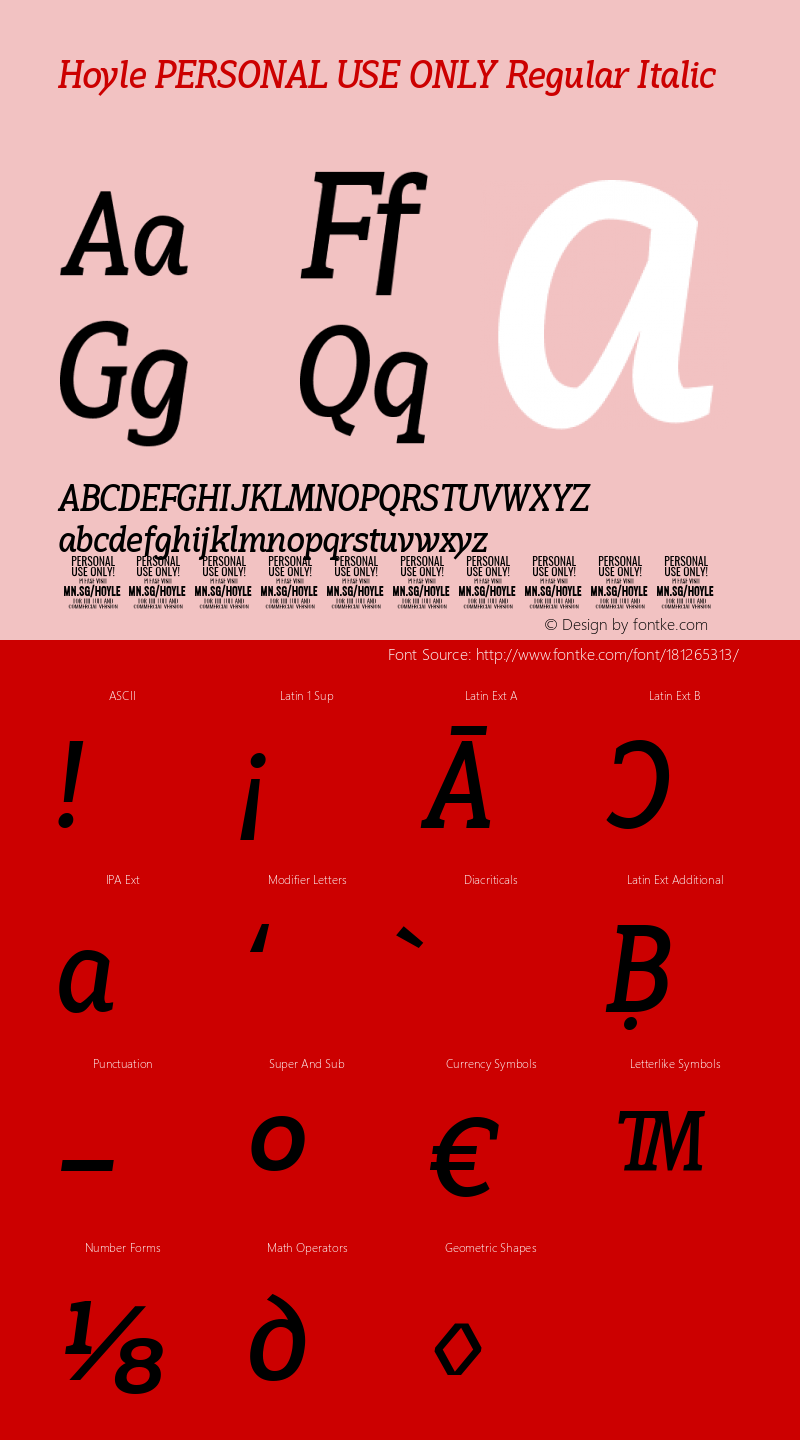 Hoyle PERSONAL USE ONLY Regular Italic Version 1.000图片样张