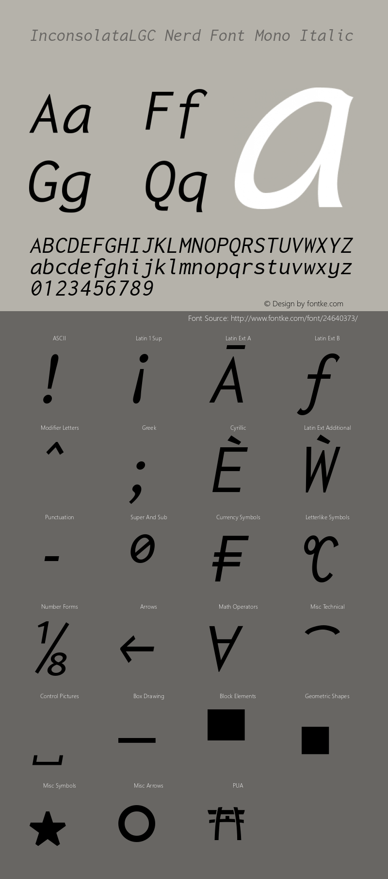 Inconsolata LGC Italic Nerd Font Complete Mono Version 1.3;Nerd Fonts 1.2.0图片样张