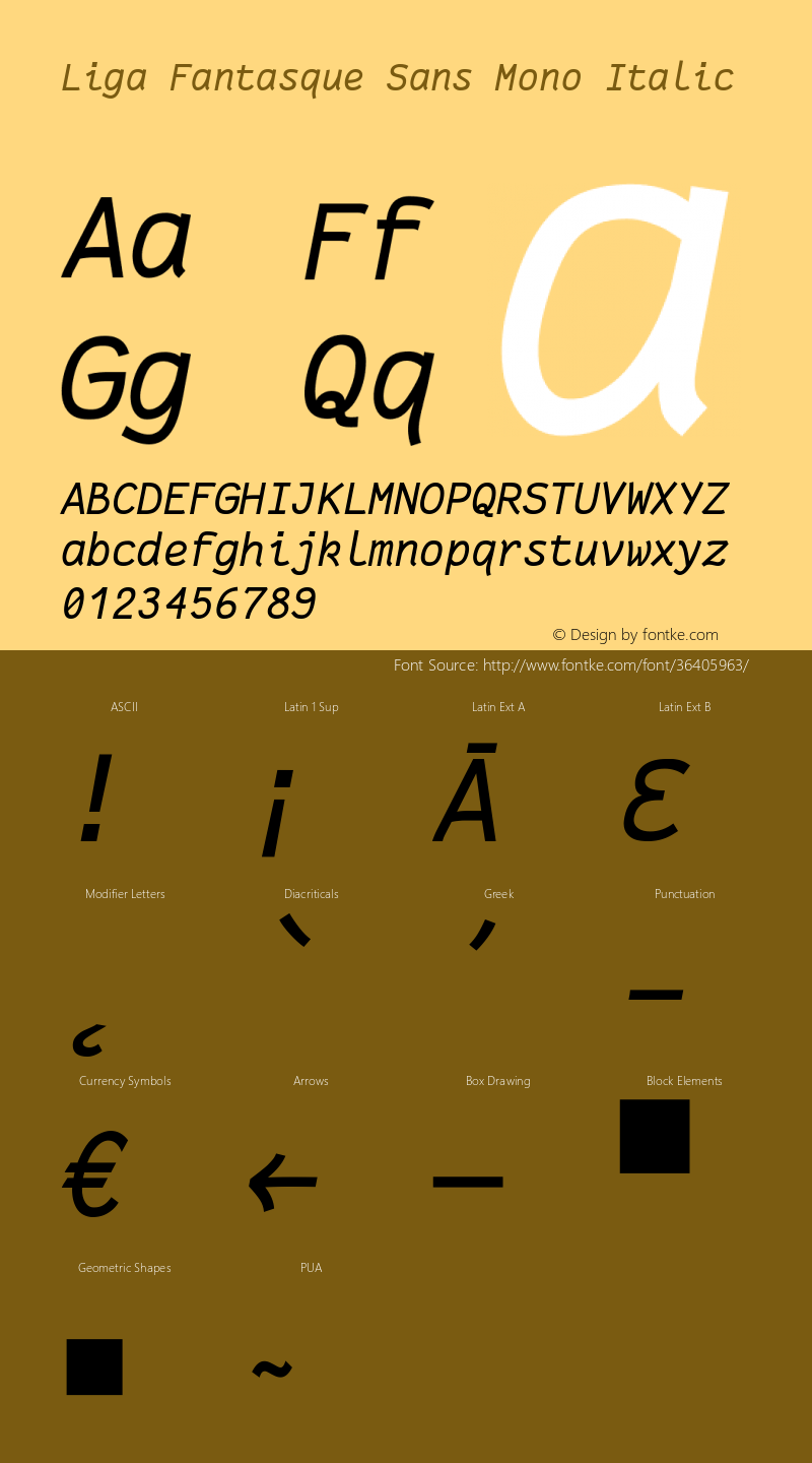 Liga Fantasque Sans Mono RegItalic Version 1.6.5 ; ttfautohint (v1.00) -l 8 -r 50 -G 200 -x 14 -D latn -f none -w G图片样张