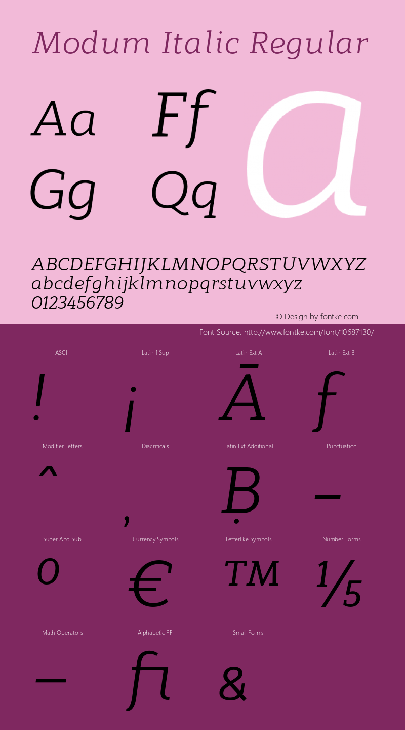 Modum Italic Regular Version 1.000;PS 001.000;hotconv 1.0.70;makeotf.lib2.5.58329图片样张