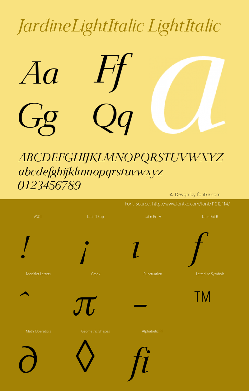 JardineLightItalic LightItalic Version August 16, 1993 v1.0图片样张