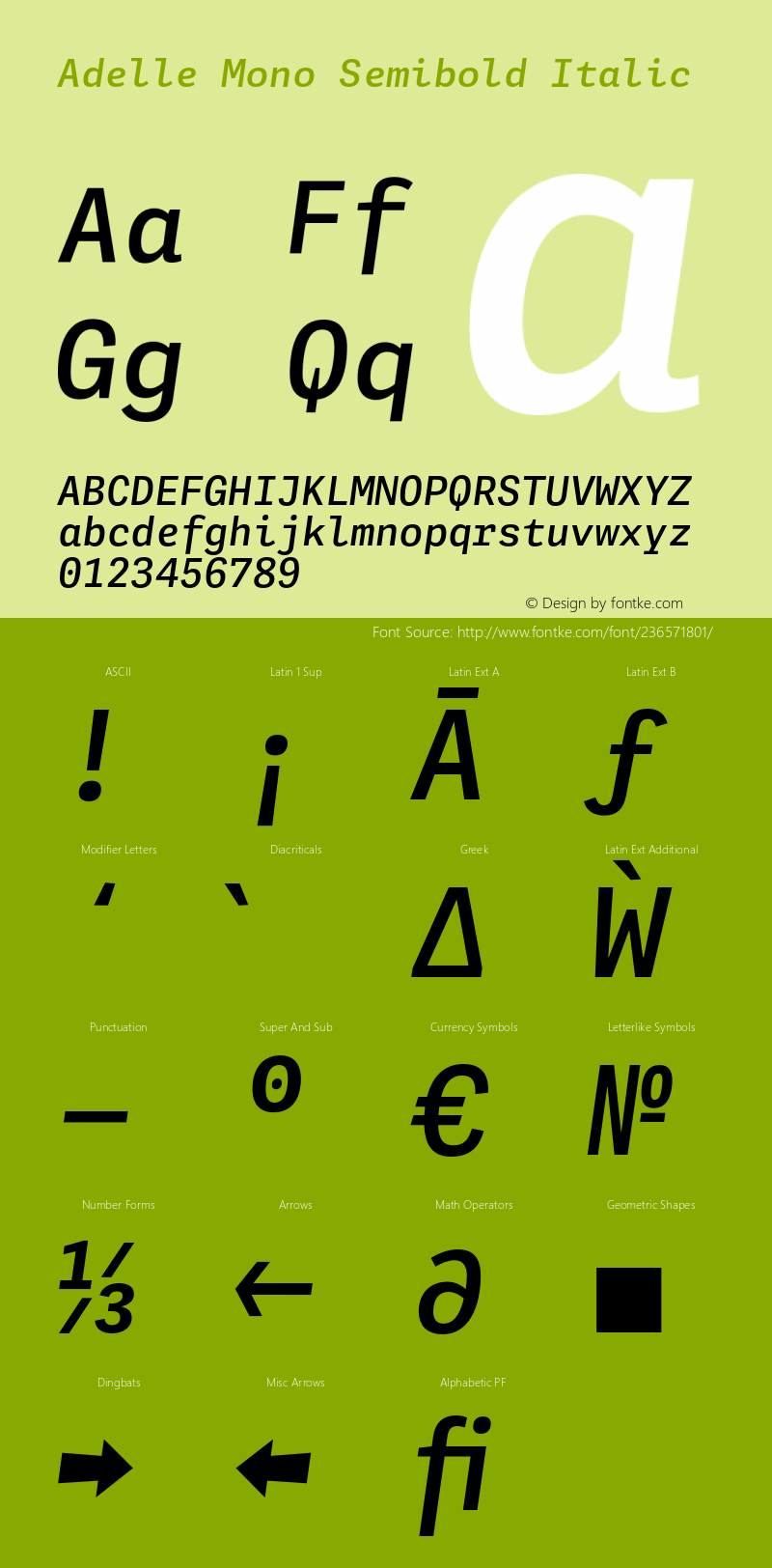 Adelle Mono Semibold Italic Version 1.001;hotconv 1.0.114;makeotfexe 2.5.65599图片样张
