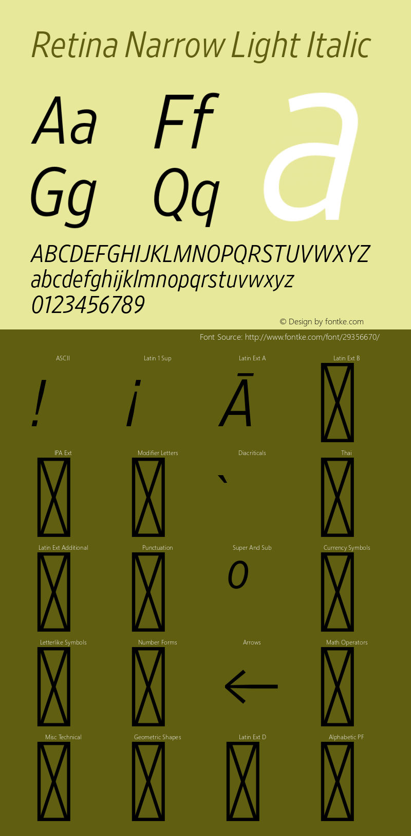 RetinaNarrow-LightItalic Version 1.001;PS 0.000;hotconv 16.6.51;makeotf.lib2.5.65220图片样张