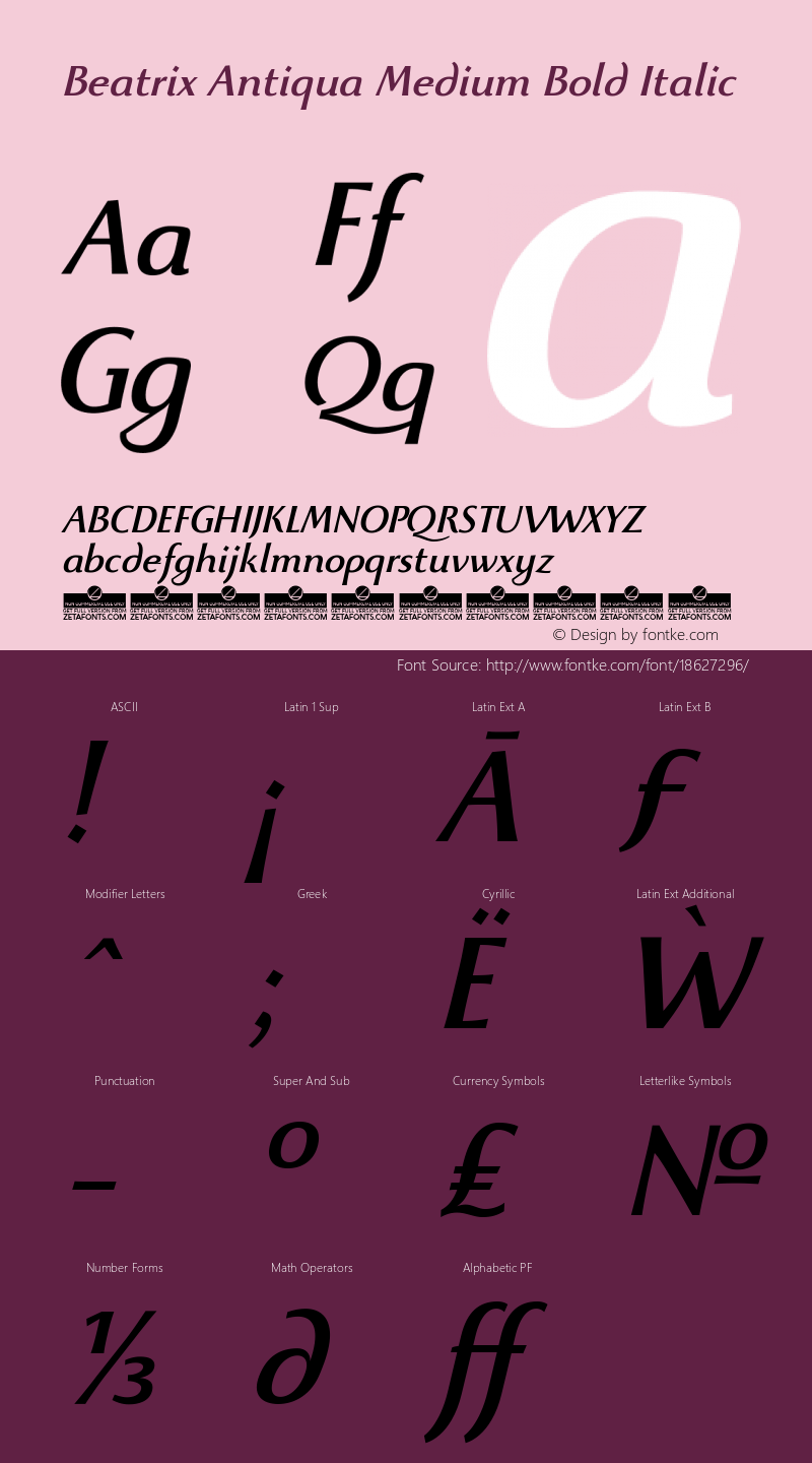 Beatrix Antiqua Medium Bold Italic Version 1.008图片样张