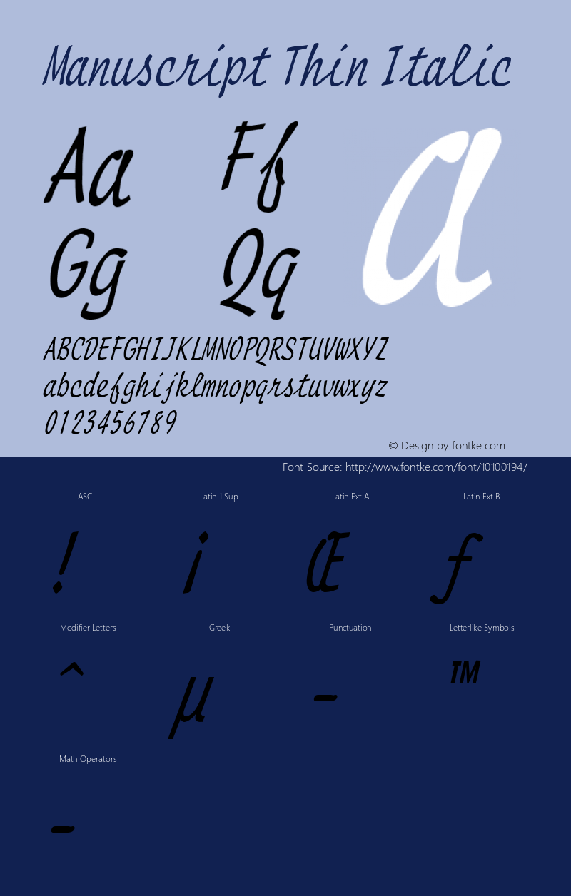 Manuscript Thin Italic Altsys Fontographer 4.1 1/8/95图片样张