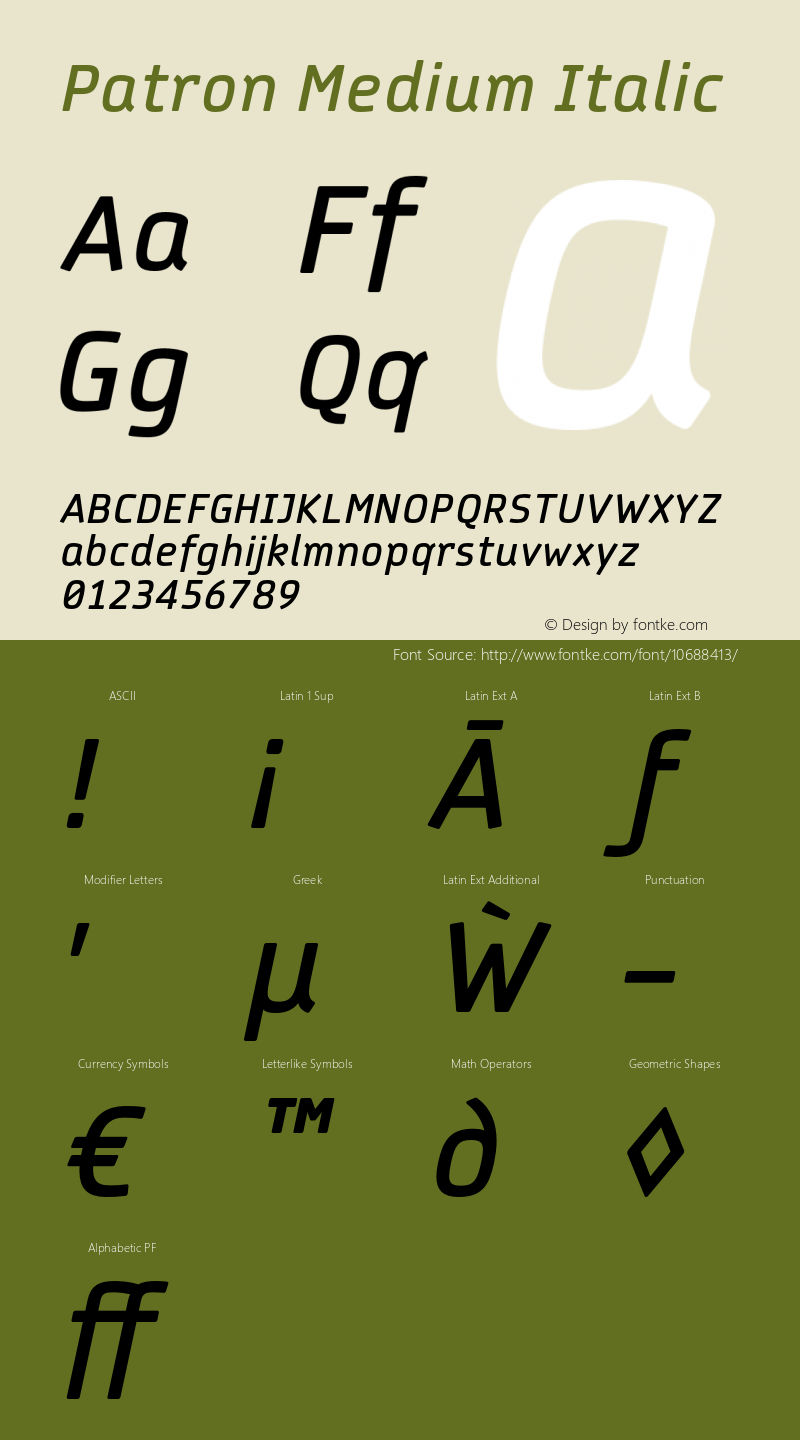 Patron Medium Italic Version 1.001图片样张