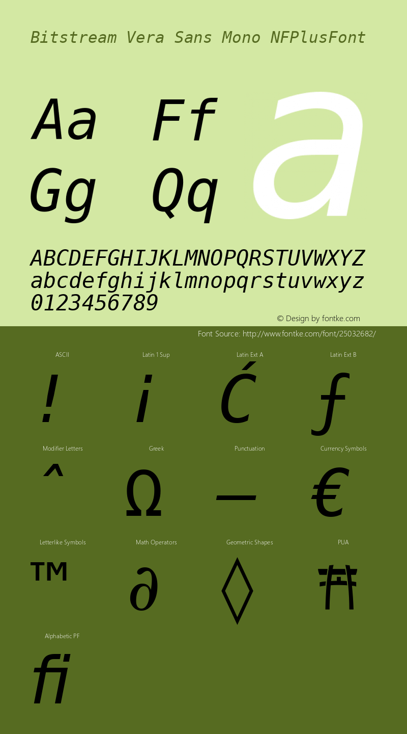 Bitstream Vera Sans Mono Oblique Nerd Font Plus Font Awesome Plus Pomicons Mono Windows Compatible Release 1.10图片样张