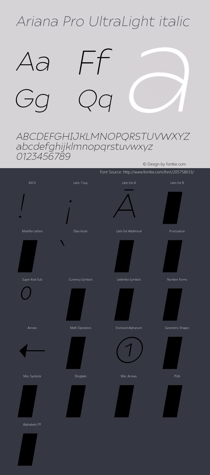 Ariana Pro UltraLight italic Version 1.000;PS 001.000;hotconv 1.0.88;makeotf.lib2.5.64775图片样张