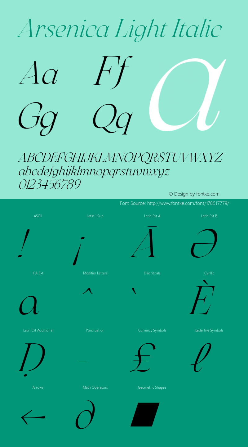 Arsenica Light Italic Version 0.003;hotconv 1.0.109;makeotfexe 2.5.65596图片样张