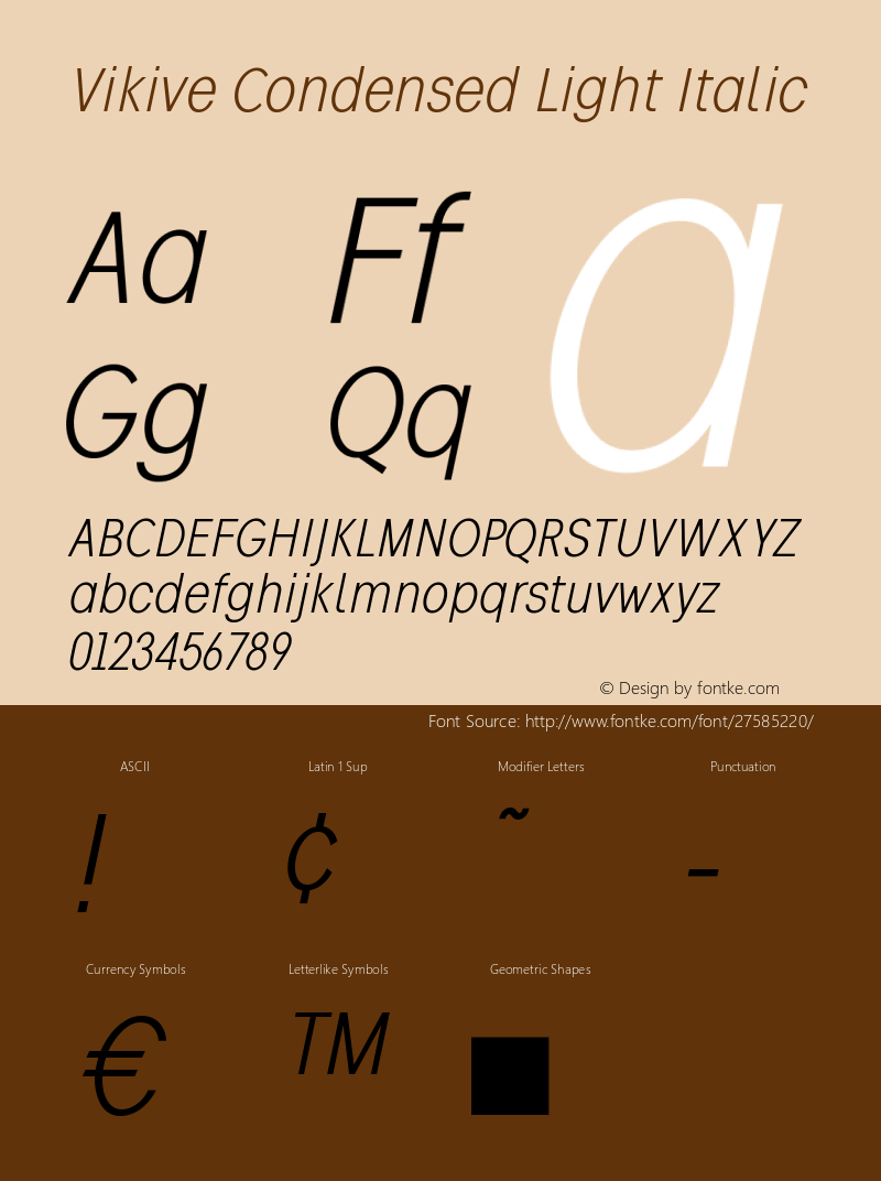 Vikive Condensed Light Italic Version 1.00;July 28, 2018;FontCreator 11.5.0.2427 64-bit图片样张