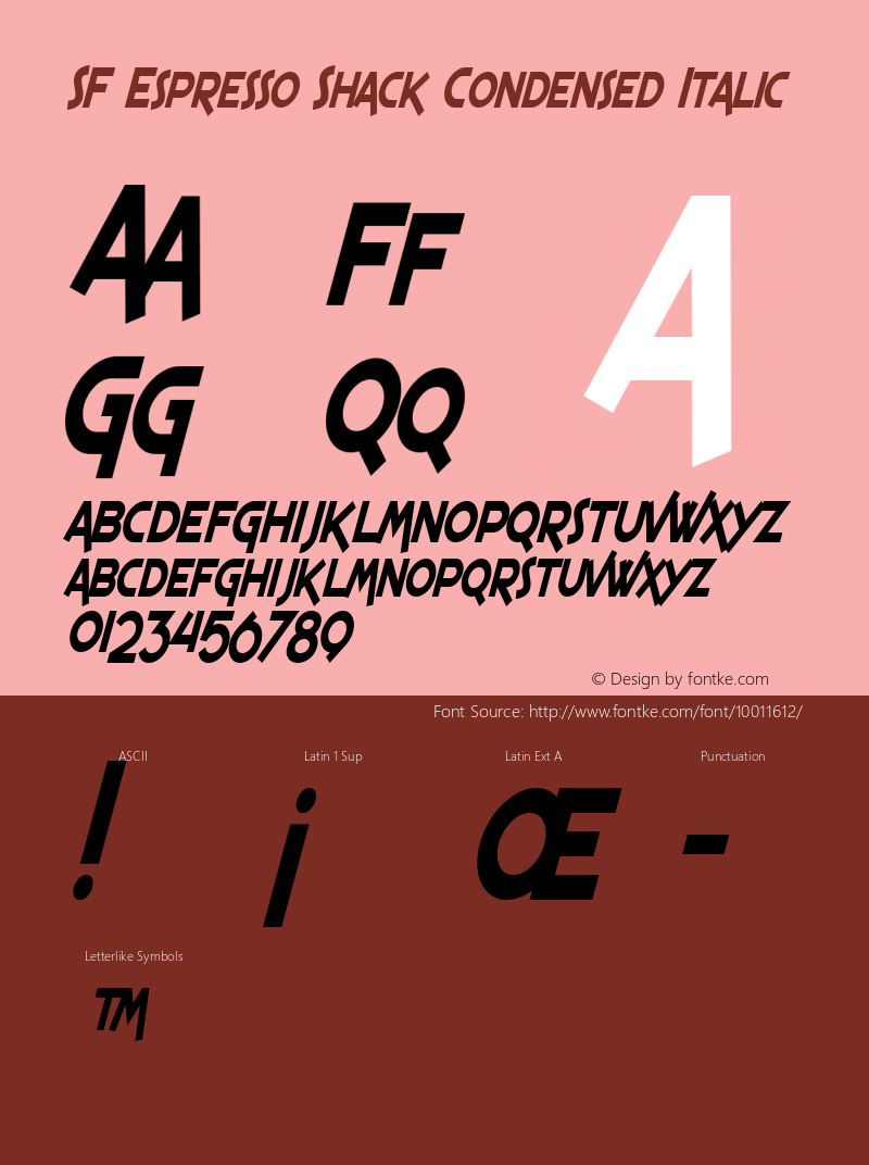 SF Espresso Shack Condensed Italic ver 1.0; 1999. Freeware for non-commercial use.图片样张