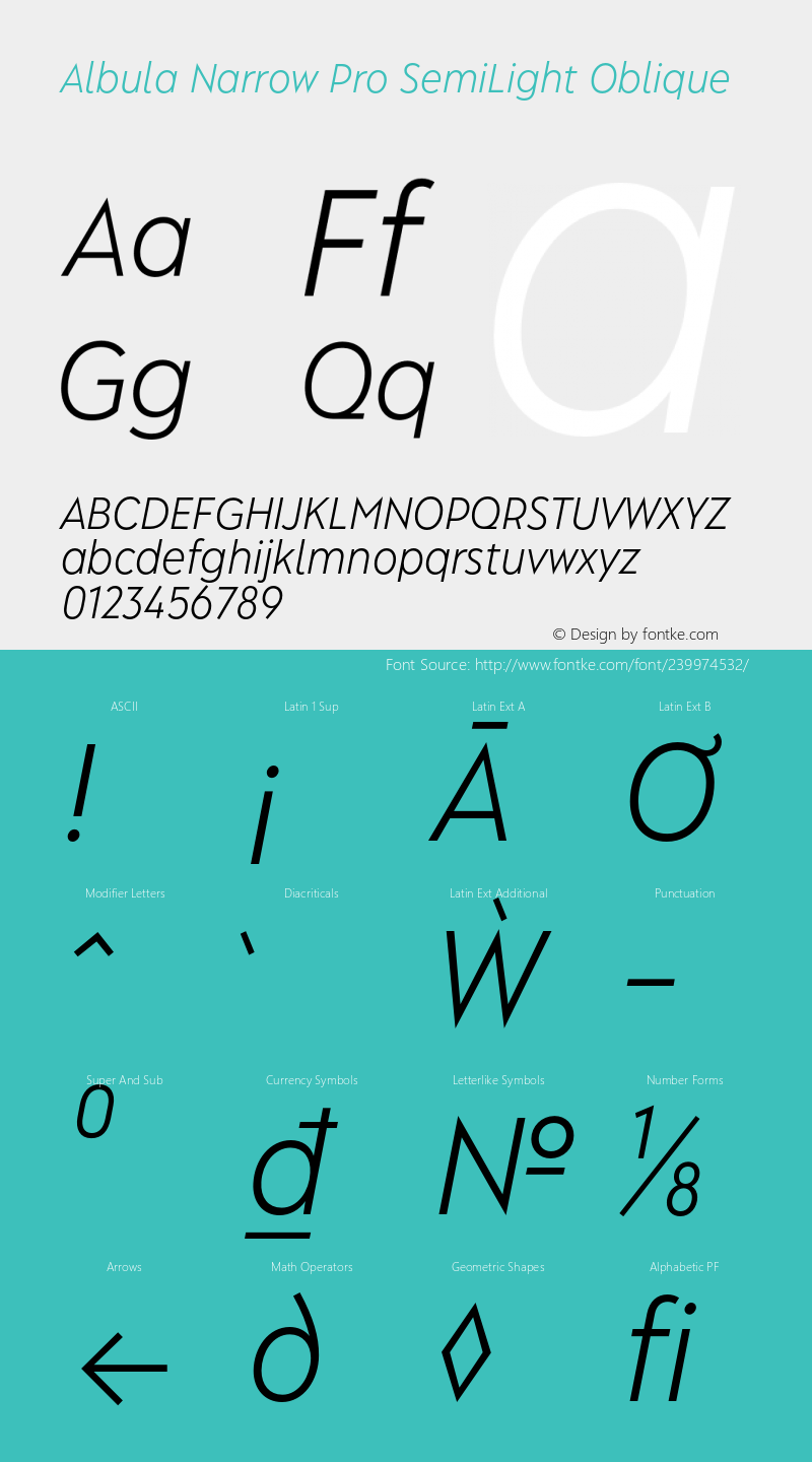 Albula Narrow Pro SemiLight Oblique Version 1.000;hotconv 1.0.109;makeotfexe 2.5.65596图片样张