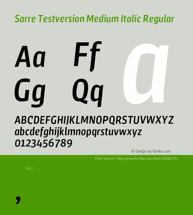 Sarre Testversion Medium Italic Regular Version 1.000;PS 001.000;hotconv 1.0.70;makeotf.lib2.5.58329图片样张