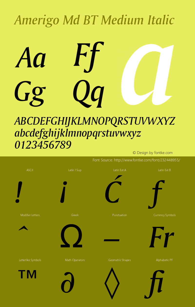 Amerigo Md BT Medium Italic Version 1.01 emb4-OT图片样张