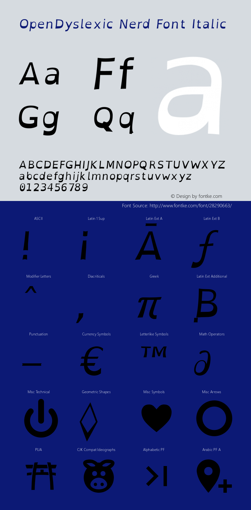 OpenDyslexic Italic Nerd Font Complete Version 2.001;PS 002.001;hotconv 1.0.70;makeotf.lib2.5.58329图片样张