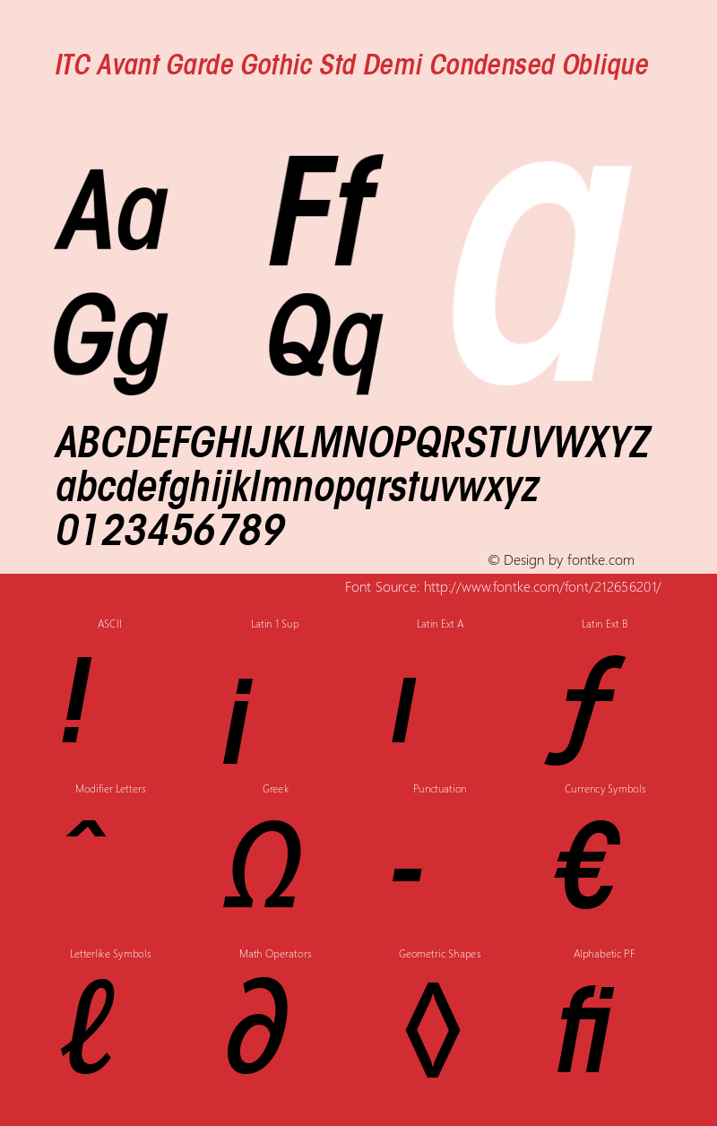 ITC Avant Garde Gothic Std Demi Condensed Oblique Version 1.00 Build 1000图片样张