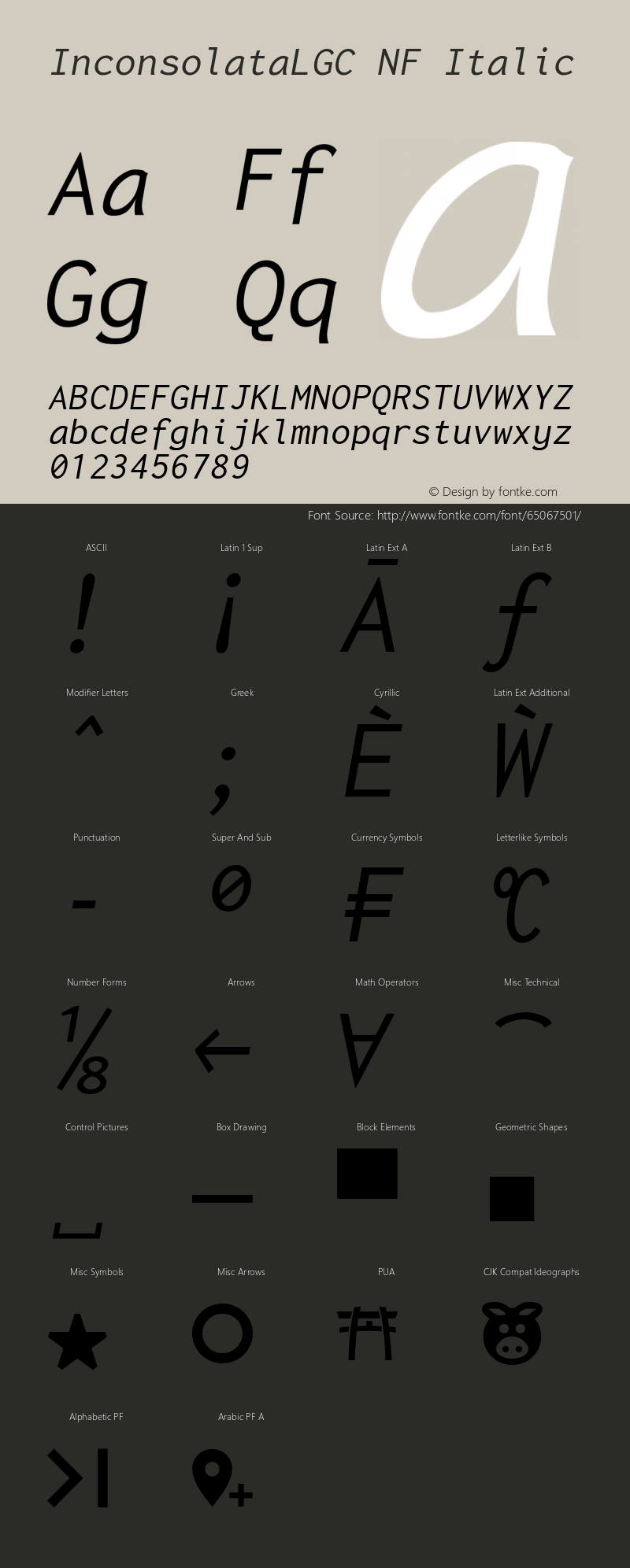 Inconsolata LGC Italic Nerd Font Complete Mono Windows Compatible Version 1.3;Nerd Fonts 2.1.0图片样张