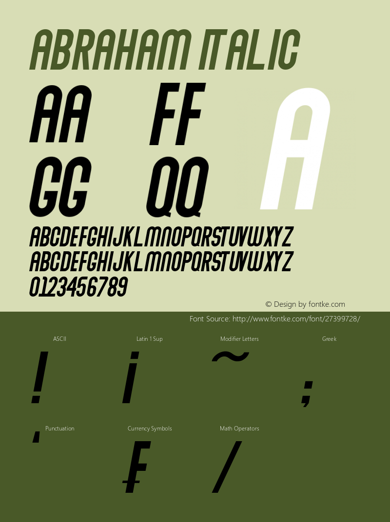 Abraham Italic Italic Version 1.00;September 25, 2018;FontCreator 11.5.0.2422 64-bit图片样张