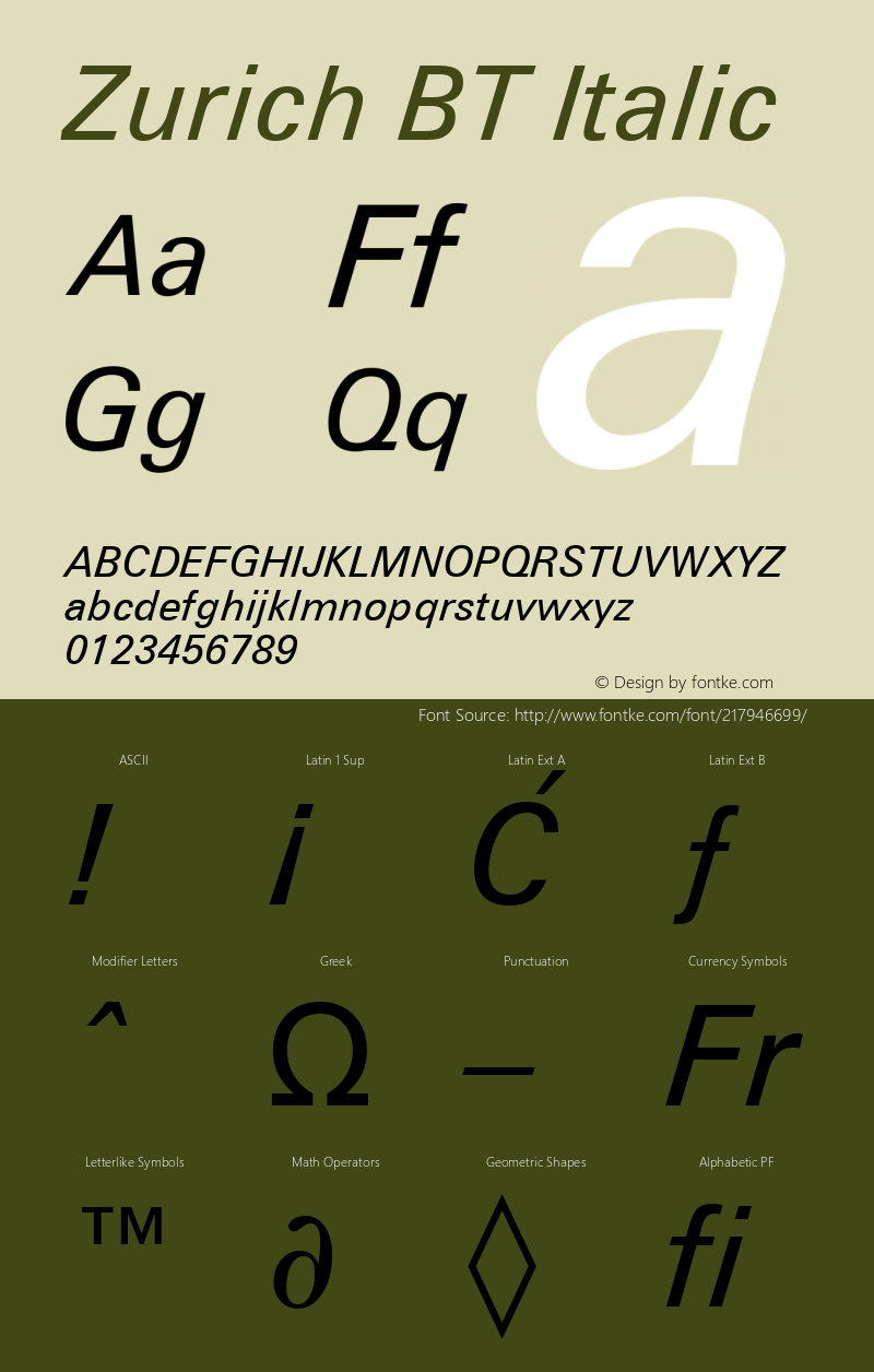 Zurich BT Italic Version 1.03图片样张